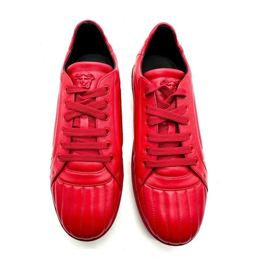 Versace Mens‎ Red Quilted Leather Medusa Greca Low Top Sneakers Shoes